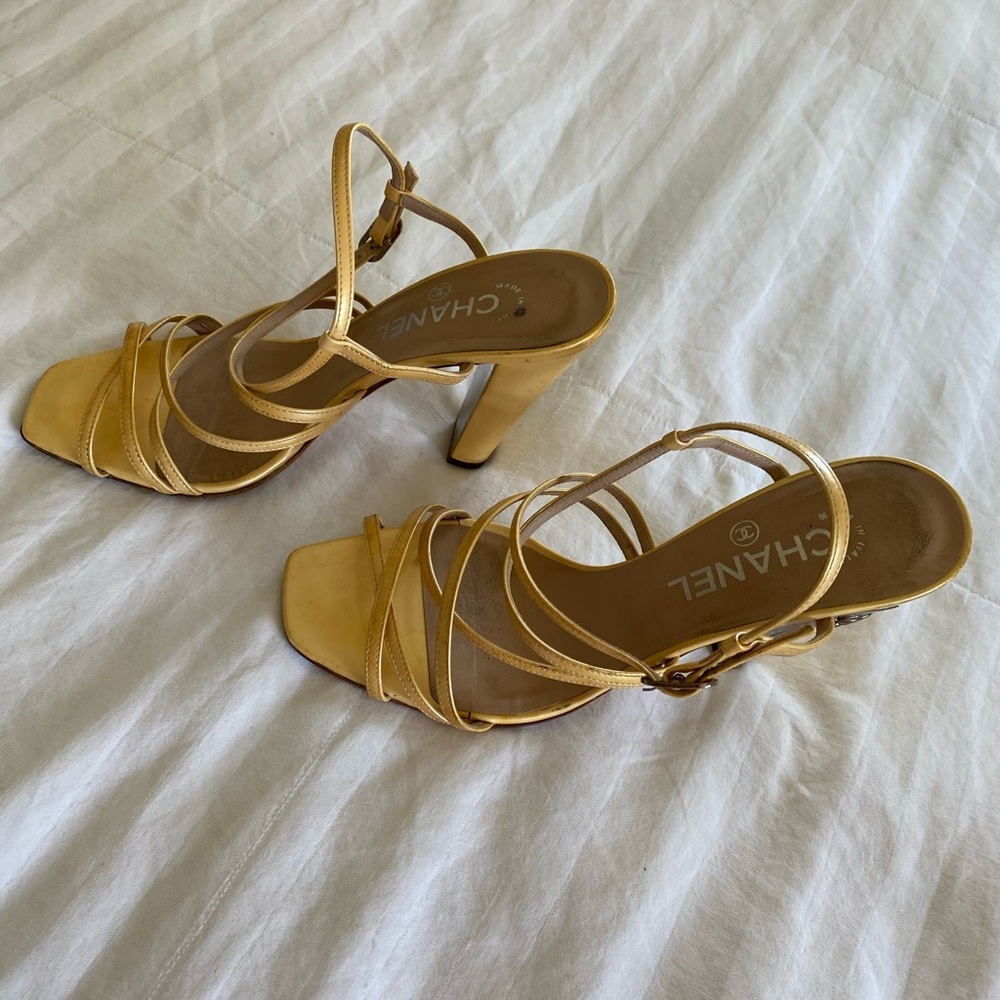 CHANEL Gold Strappy High Heel Sandals - Picture 13 of 16